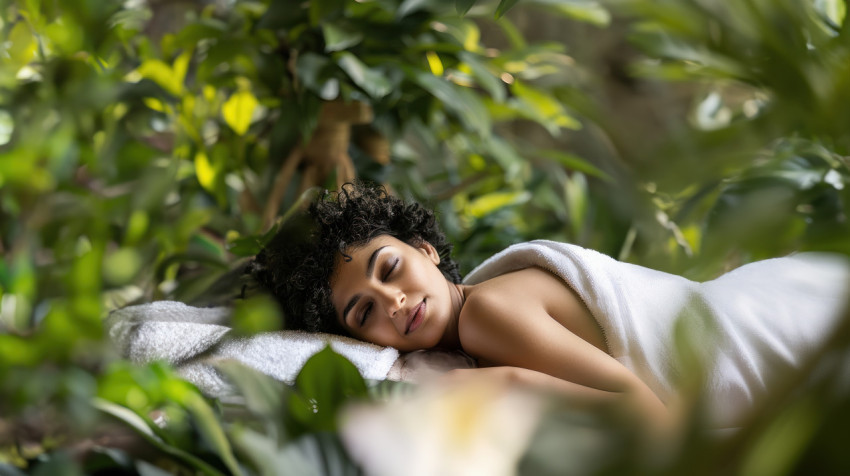 An Indian woman with short curly hair lying on her back in a spa for body massage and relaxation and surrounded by greenery An Indian woman with short curly hair lying on her back in a spa for body massage and relaxation and surrounded by greenery