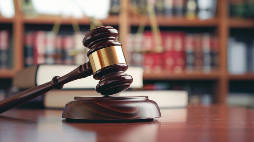The gavel on a table with a bookcase in the background The gavel on a table with a bookcase in the background