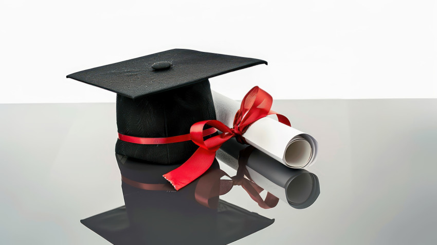 Black graduation cap with red ribbon and white diploma on the table isolated on white background Black graduation cap with red ribbon and white diploma on the table isolated on white background