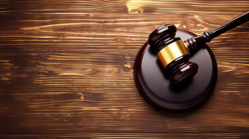 Gavel on a wooden tabletop symbolizing legal authority and court proceedings Gavel on a wooden tabletop symbolizing legal authority and court proceedings