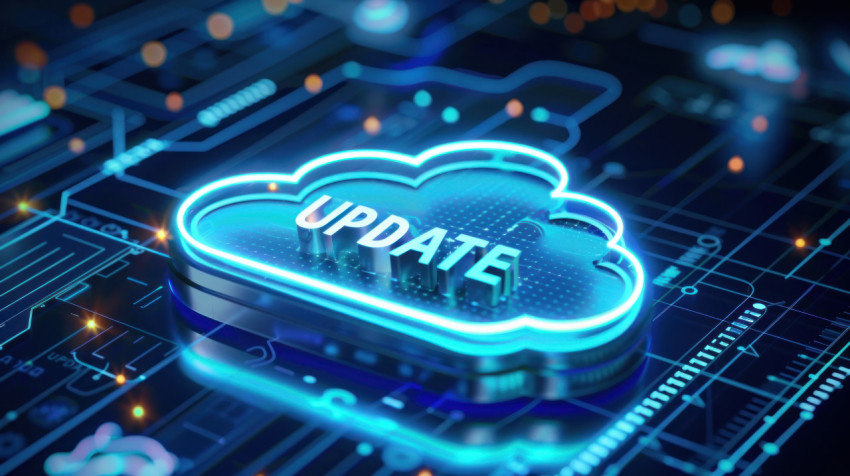 Holographic 3D cloud with Update text on digital background Holographic 3D cloud with Update text on digital background