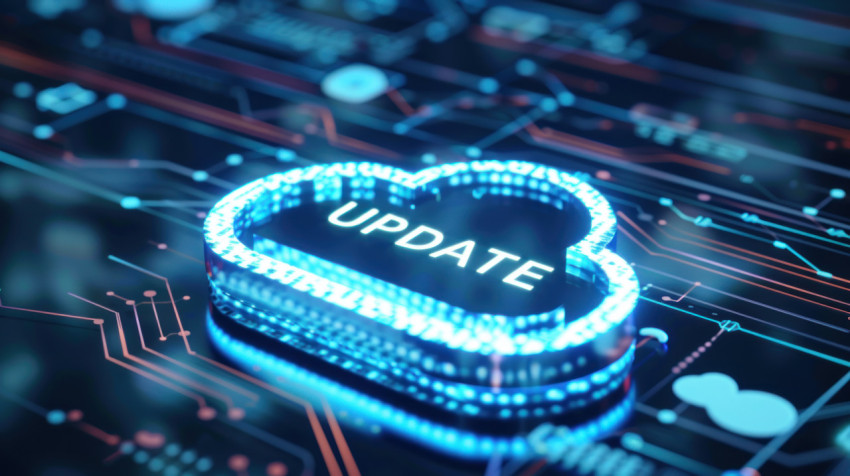 Holographic 3D cloud displaying Update text on digital backdrop Holographic 3D cloud displaying Update text on digital backdrop