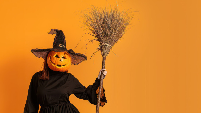 Halloween witch with a pumpkin head and broom posing on a colorful background festive and spooky Halloween witch with a pumpkin head and broom posing on a colorful background festive and spooky