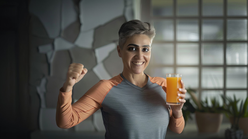 Indian woman with short hair holding up her fist smiling while drinking orange juice Indian woman with short hair holding up her fist smiling while drinking orange juice
