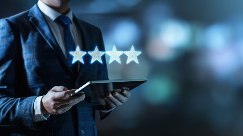 Businessman holding tablet showing five virtual stars