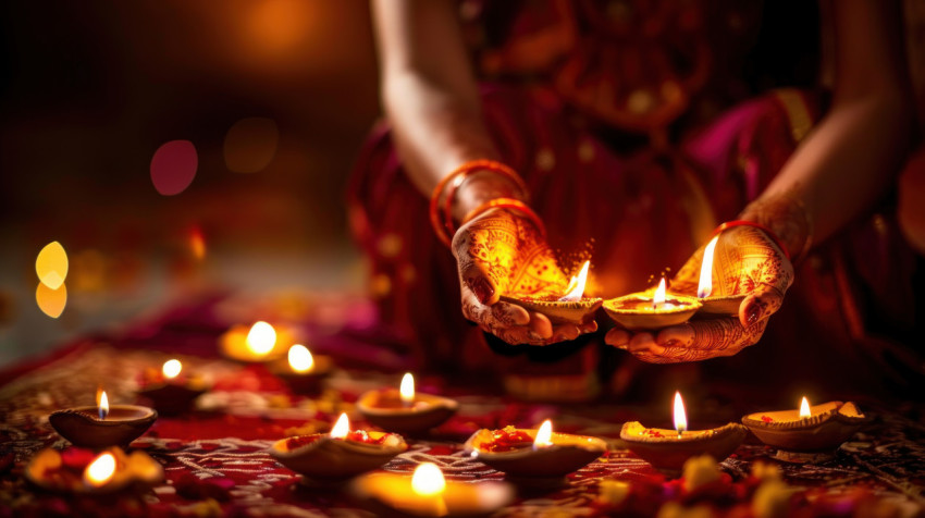 Woman holding an oil lamp in her hands during the hindu festival of diwali celebrating the festival of lights Woman holding an oil lamp in her hands during the hindu festival of diwali celebrating the festival of lights, traditional indian celebration, diwali lamp