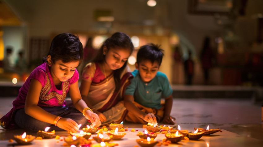 A children creating diya lights on the floor during diwali representing family and cultural traditions celebrating A children creating diya lights on the floor during diwali representing family and cultural traditions celebrating