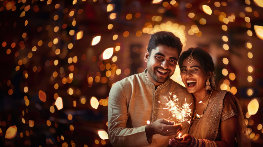 Indian couple celebrating diwali surrounded by lights and sparklers smiling at the camera festival of lights Indian couple celebrating diwali surrounded by lights and sparklers smiling at the camera festival of lights