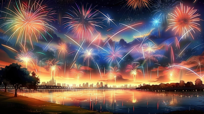 Colorful fireworks lighting up the night sky over an urban lake creating a breathtaking scene during diwali Colorful fireworks lighting up the night sky over an urban lake creating a breathtaking scene during diwali