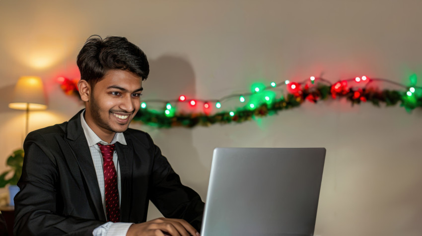A young indian man in formal attire smiling while typing on his laptop with green and red lights in the background A young indian man in formal attire smiling while typing on his laptop with green and red lights in the background, celebrating diwali, festive work environment