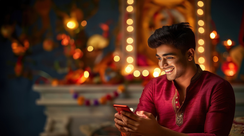 An indian man smiling while looking at his phone enjoying the festive moments of diwali An indian man smiling while looking at his phone enjoying the festive moments of diwali