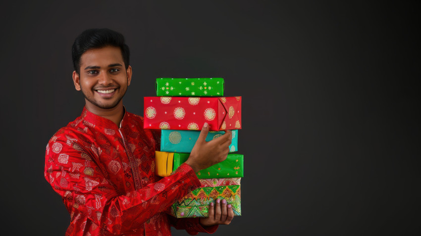 A man holding colorful gift boxes for diwali isolated against a black background showcasing festive presents A man holding colorful gift boxes for diwali isolated against a black background showcasing festive presents