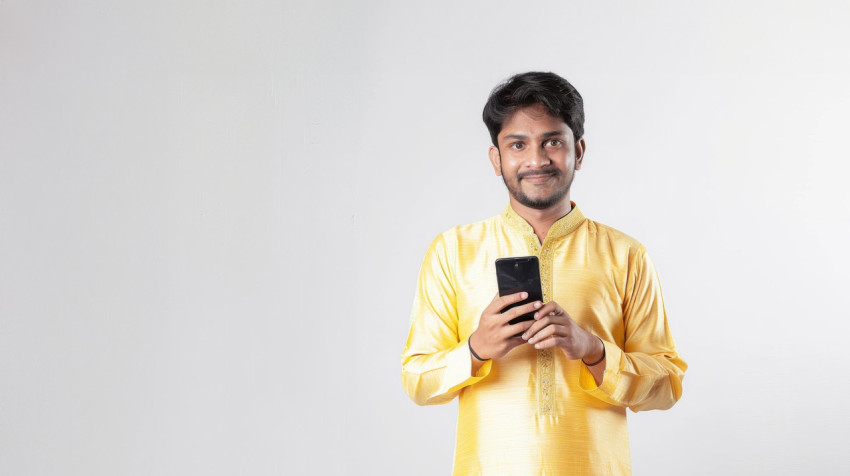 An Indian man in a yellow kurti showing his phone screen to the camera while standing against a white background An Indian man in a yellow kurti showing his phone screen to the camera while standing against a white background