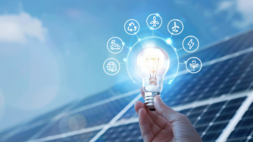 Hand holding light bulb with energy icons on solar panel backdrop promoting sustainable energy solutions