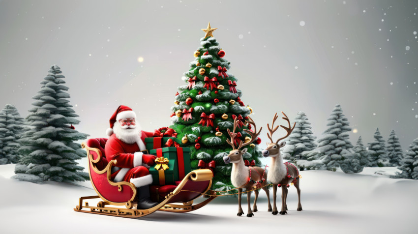 3d vector illustration of santa claus sitting in sleigh with reindeer and christmas tree full of gifts on white background festive scene holiday cheer 3d vector illustration of santa claus sitting in sleigh with reindeer and christmas tree full of gifts on white background festive scene holiday cheer