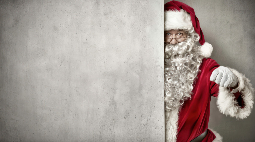 Santa claus peeking from behind a wall pointing to an empty white banner for text festive holiday Santa claus peeking from behind a wall pointing to an empty white banner for text festive holiday