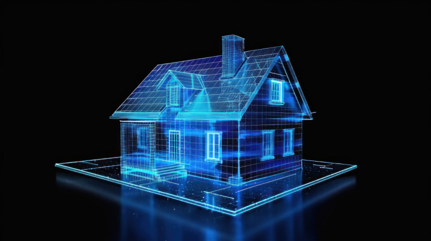 Blue glowing holographic wireframe house on black background showing real estate concept Blue glowing holographic wireframe house on black background showing real estate concept