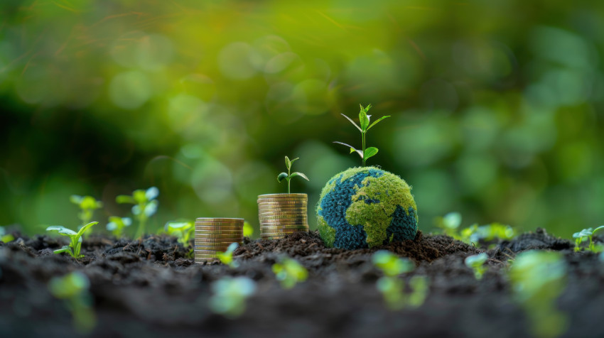 Green Earth and coins with a growing plant on top sustainability concept Green Earth and coins with a growing plant on top sustainability concept