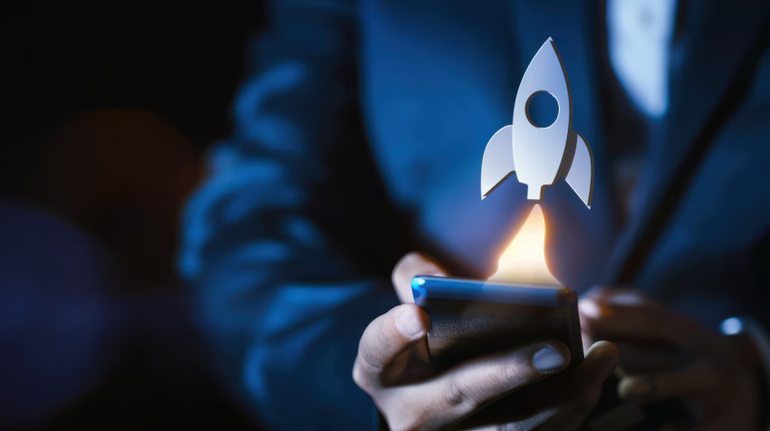 Businessman holding phone showing rocket icon launching on the screen symbolizing business startup Businessman holding phone showing rocket icon launching on the screen symbolizing business startup