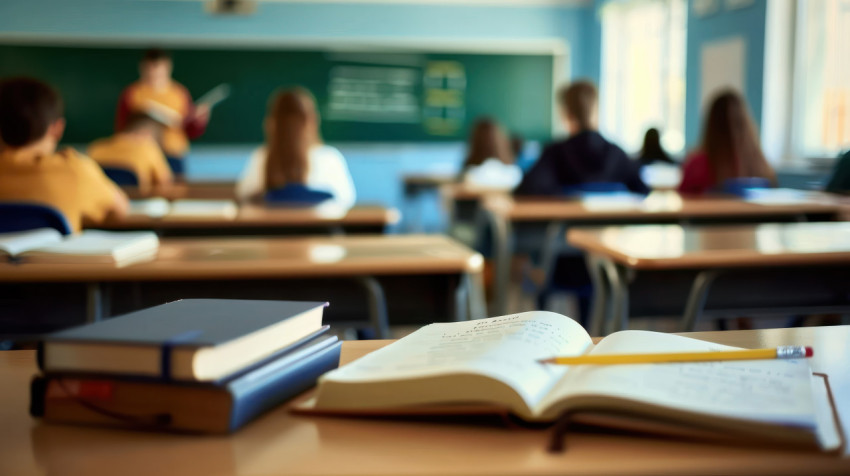 Empty classroom with students at desks in the background and books on one desk Empty classroom with students at desks in the background and books on one desk