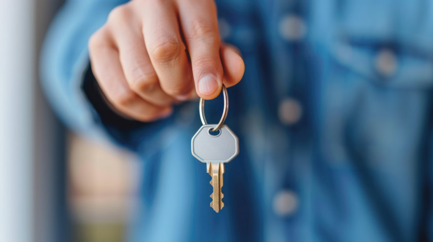 A hand holding one key in focus and a blurred background safety idea A hand holding one key in focus and a blurred background safety idea