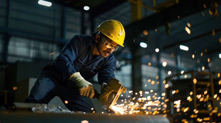 An Indian worker wearing a hard hat using an anglesmith to cut metal in factory safety theme An Indian worker wearing a hard hat using an anglesmith to cut metal in factory safety theme