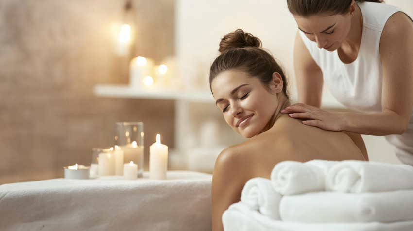 A woman relaxing back massage at the spa with candles and atmosphere enhancing her well being A woman relaxing back massage at the spa with candles and atmosphere enhancing her well being