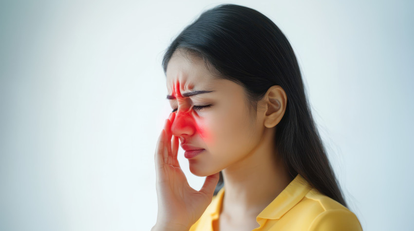 An Indian woman touching her nose in pain isolated on a white background An Indian woman touching her nose in pain isolated on a white background