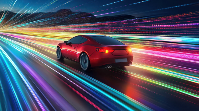 Bright red car driving fast on digital highway showcasing advanced technology and speed Bright red car driving fast on digital highway showcasing advanced technology and speed