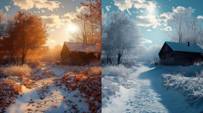 Two images side by side one showing autumn landscape with trees covered leaves and snow the ground Two images side by side one showing autumn landscape with trees covered leaves and snow the ground