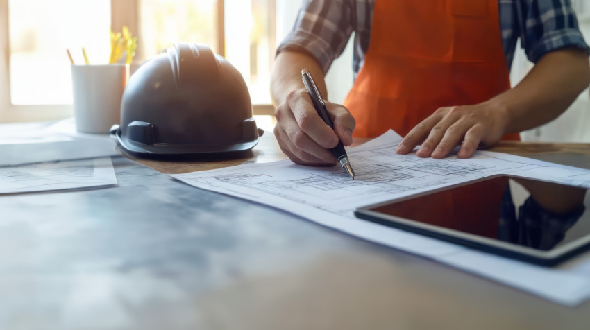 Close up of engineer hands holding pen and writing paper with digital tablet display the background Close up of engineer hands holding pen and writing paper with digital tablet display the background