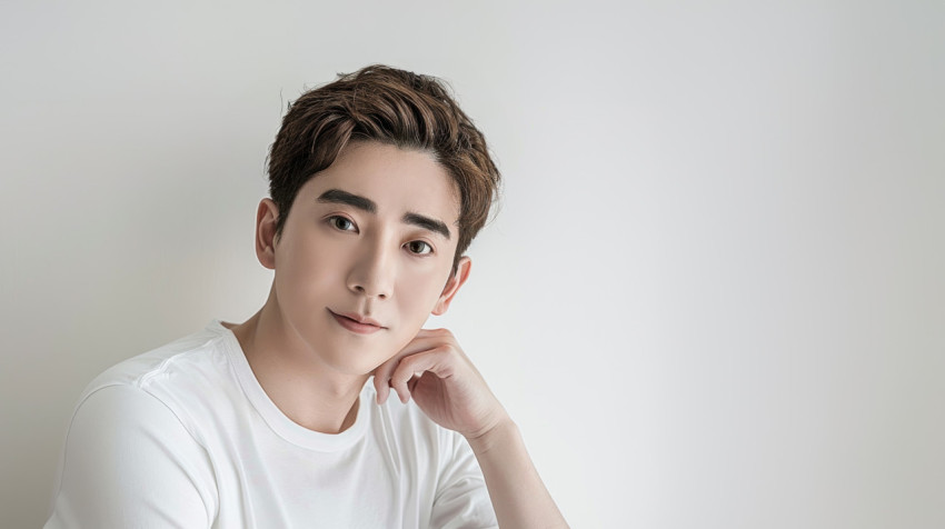 Handsome chinese man with short hair wears white t shirt and poses Handsome chinese man with short hair wears white t shirt and poses