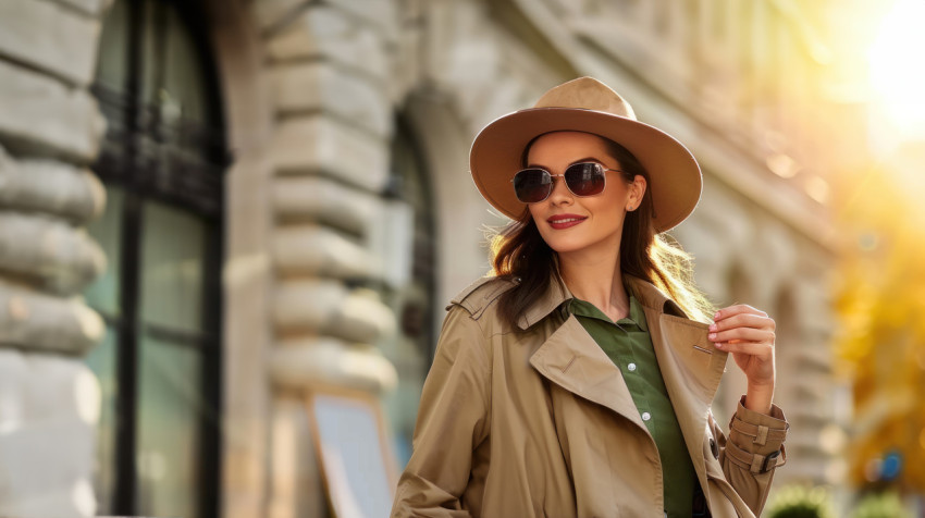 A woman sunglasses and trench coat holds hat while walking on the street with sunlit city background A woman sunglasses and trench coat holds hat while walking on the street with sunlit city background