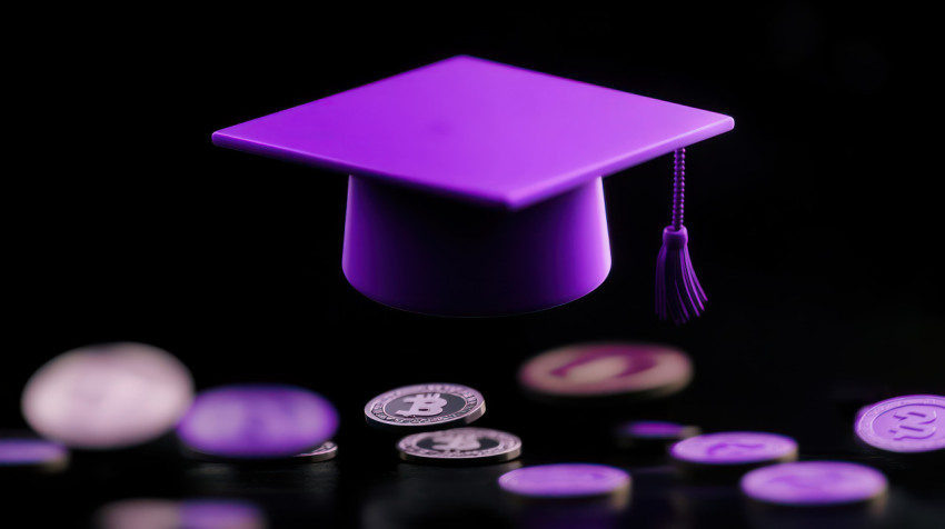 Purple graduation cap icon floating on black background symbolizing educational achievement Purple graduation cap icon floating on black background symbolizing educational achievement