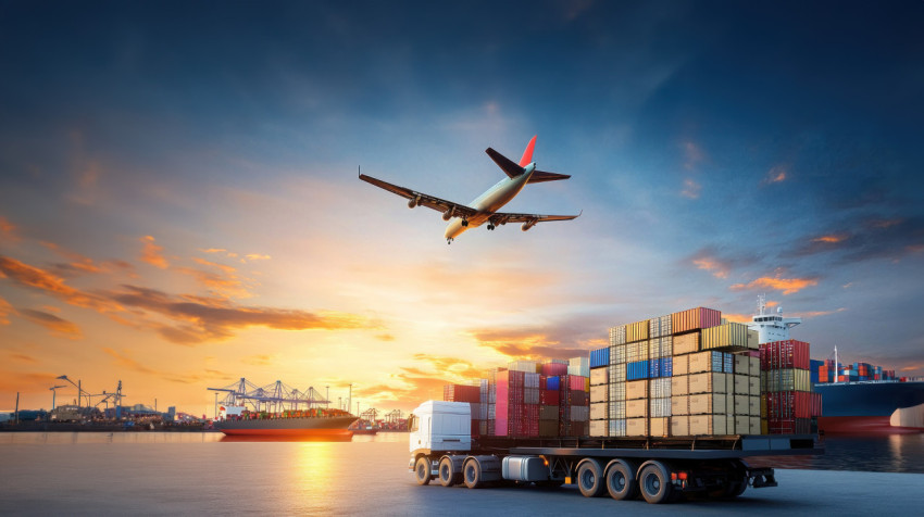 Cargo ship container background with airplane flying overhead and truck carrying shipping containers Cargo ship container background with airplane flying overhead and truck carrying shipping containers