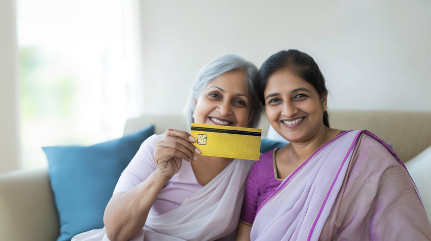 Indian woman sitting with her mother holding up a golden credit card ATM service theme Indian woman sitting with her mother holding up a golden credit card ATM service theme