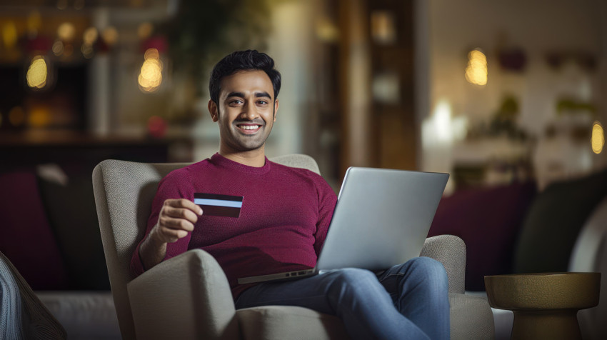 Indian man sitting in an armchair holding a credit card and a laptop ATM service theme Indian man sitting in an armchair holding a credit card and a laptop ATM service theme
