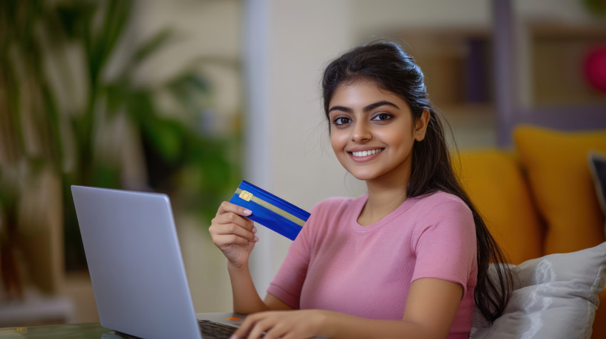 Indian woman holding a credit card and using a laptop for online shopping ATM service concept Indian woman holding a credit card and using a laptop for online shopping ATM service concept