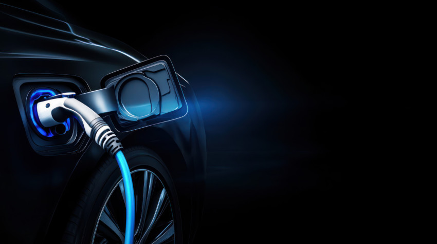 Close up of an electric car charging with blue light glowing on a dark background Close up of an electric car charging with blue light glowing on a dark background