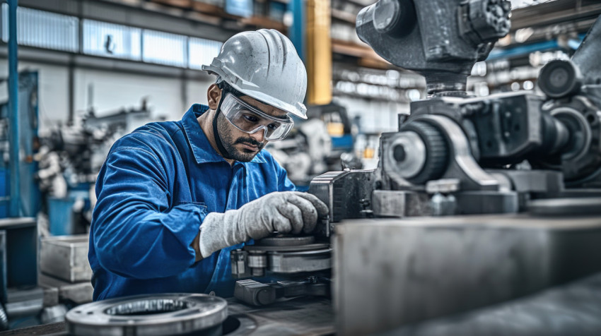 An Indian male industrial worker operating heavy machinery in a factory An Indian male industrial worker operating heavy machinery in a factory