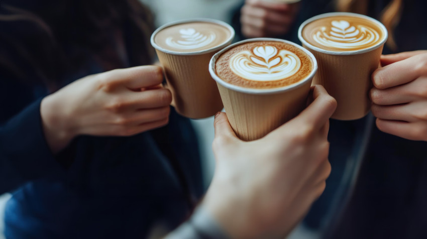 A close up of three friends toasting their paper cups filled with lattes each featuring intricate A close up of three friends toasting their paper cups filled with lattes each featuring intricate