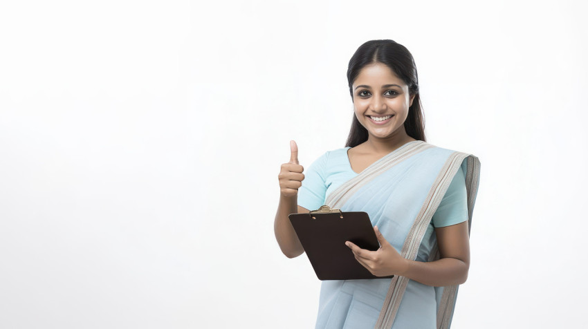 Indian woman standing and holding a clipboard showing a thumbs up gesture job candidate theme Indian woman standing and holding a clipboard showing a thumbs up gesture job candidate theme