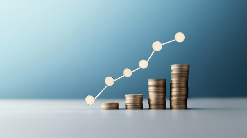 A graph going upwards on stacks of coins with a blue background credit ratings theme A graph going upwards on stacks of coins with a blue background credit ratings theme
