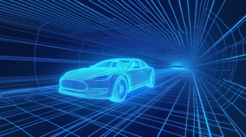 Wireframe hologram of electric car driving through tunnel Wireframe hologram of electric car driving through tunnel