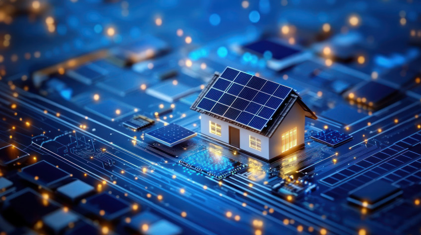 Small house with solar panels on the roof surrounded by digital circuit lines and glowing data points Small house with solar panels on the roof surrounded by digital circuit lines and glowing data points