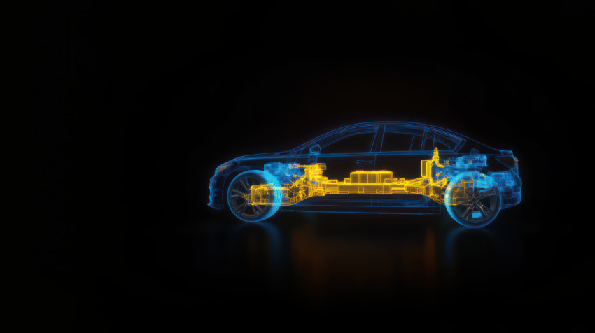 3D rendering of a glowing yellow mechanical structure inside a blue transparent car outline against a black background 3D rendering of a glowing yellow mechanical structure inside a blue transparent car outline against a black background