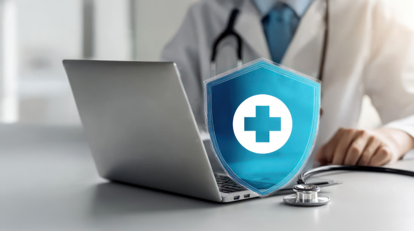 Blue shield with white cross surrounded by medical icons positioned above open laptop Blue shield with white cross surrounded by medical icons positioned above open laptop