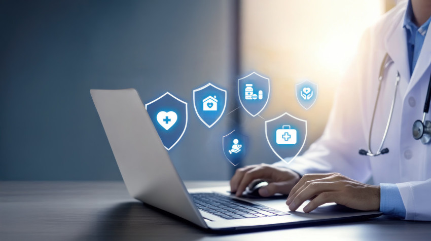 Doctor with advanced laptop medical icons and shield symbols floating around Doctor with advanced laptop medical icons and shield symbols floating around