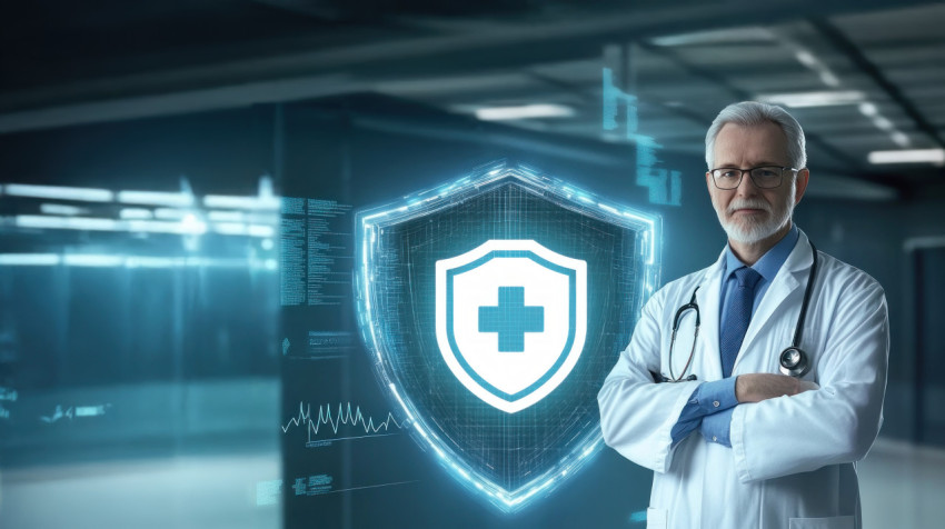Senior doctor standing before AI security shield symbolizing protection and support in healthcare Senior doctor standing before AI security shield symbolizing protection and support in healthcare