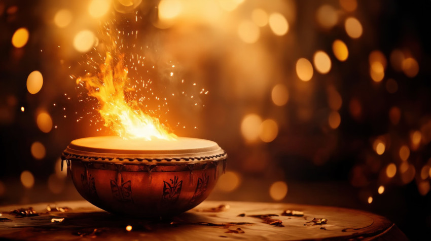 Traditional drum with fire bursting out it Traditional drum with fire bursting out it